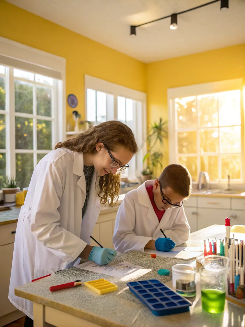A mentor working with a teenager on a science project, both focused and smiling, in a well-equipped learning space at ASSOCIATION JEAN COTXET.