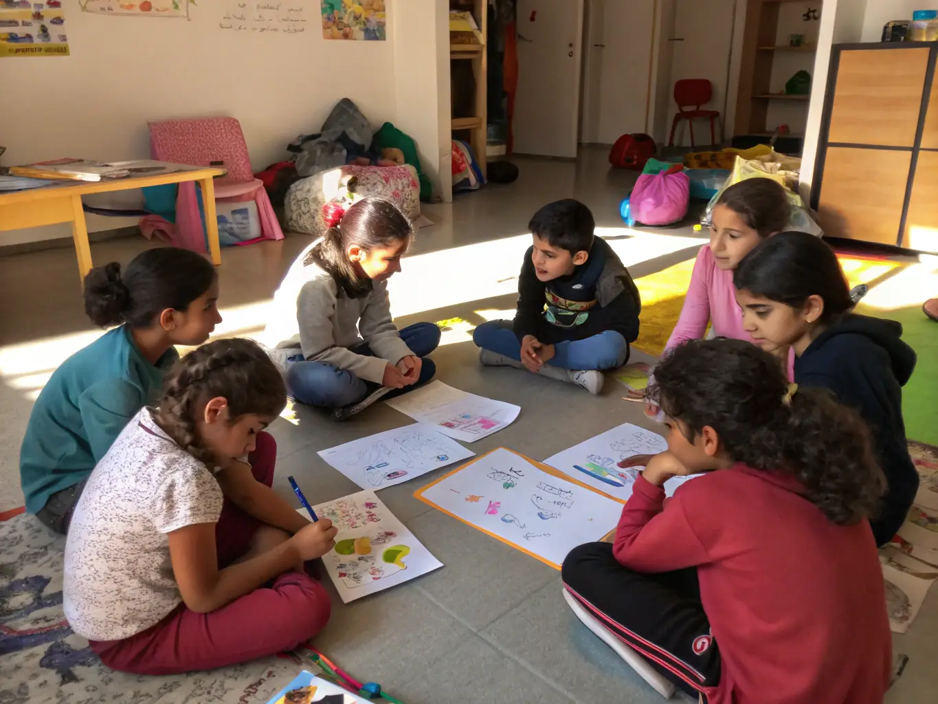 An image of children participating in a group activity with supportive staff in a bright, welcoming space, representing the Child Protection Programs.