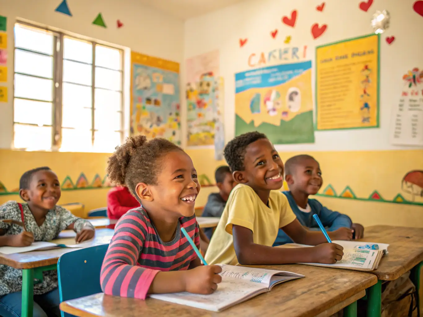 A classroom setting where children are engaged in educational activities, emphasizing skill-building and academic support.