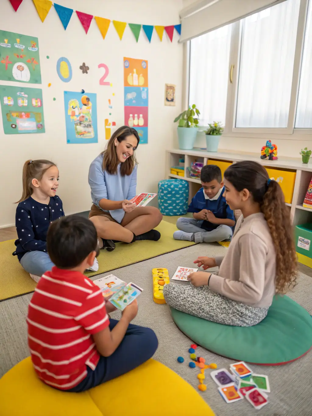 A group of children participating in an art therapy session, smiling and engaged, with a therapist guiding them in a bright, colorful room at ASSOCIATION JEAN COTXET.