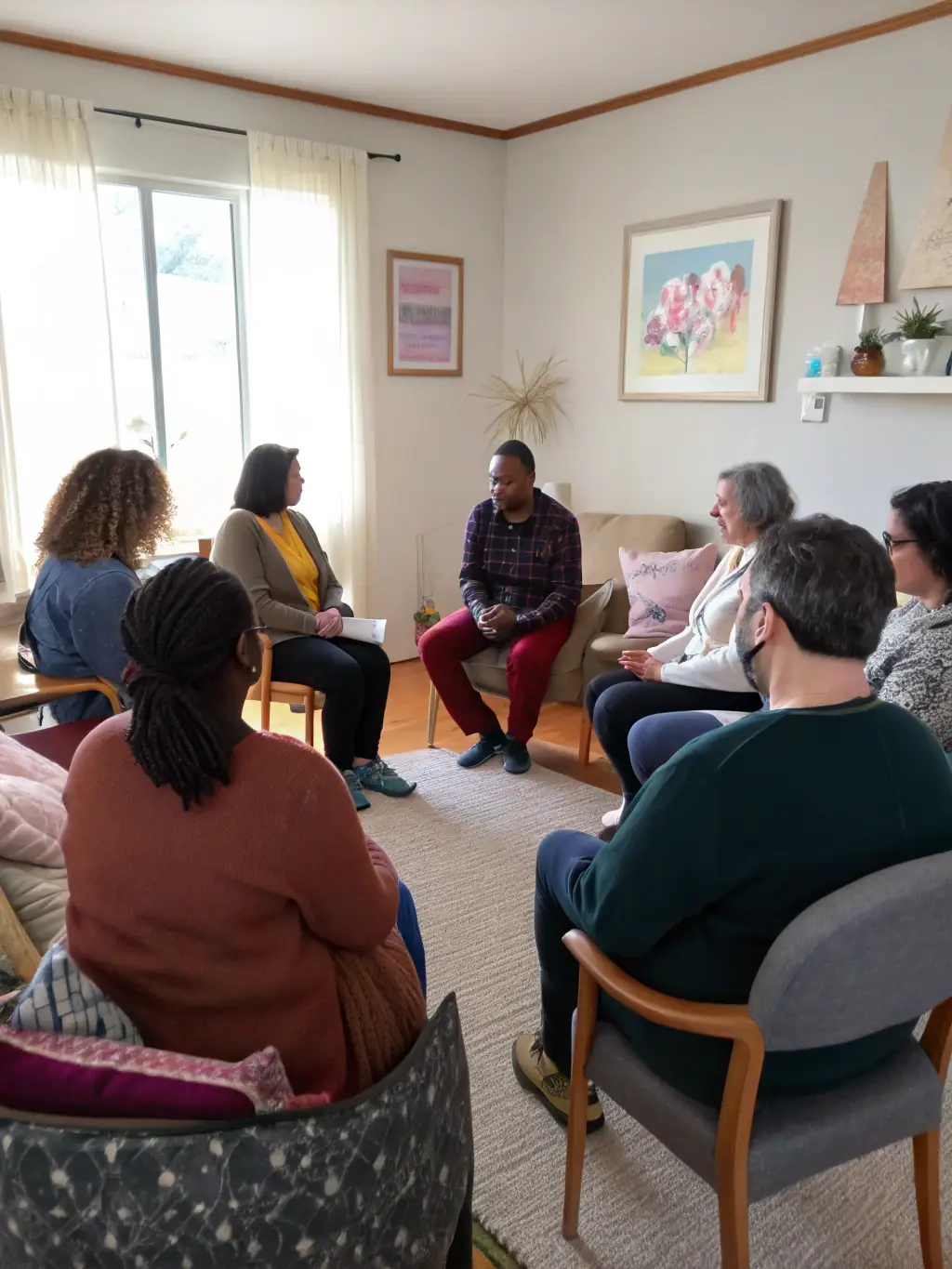 A counselor leading a group discussion with adolescents, creating a supportive and empathetic atmosphere, at ASSOCIATION JEAN COTXET.