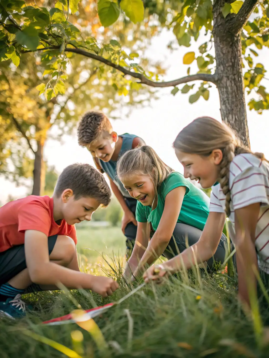 Children playing a team-building game outdoors, laughing and collaborating, during a summer camp activity organized by ASSOCIATION JEAN COTXET.