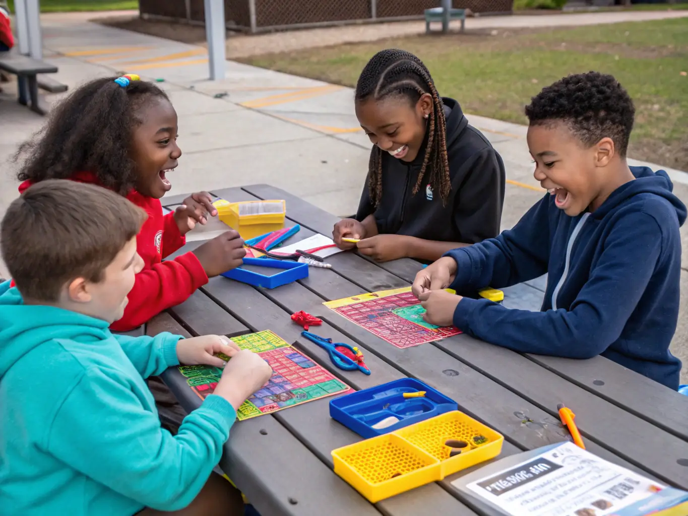 Children participating in a recreational activity, such as sports or arts and crafts, promoting teamwork and personal expression.