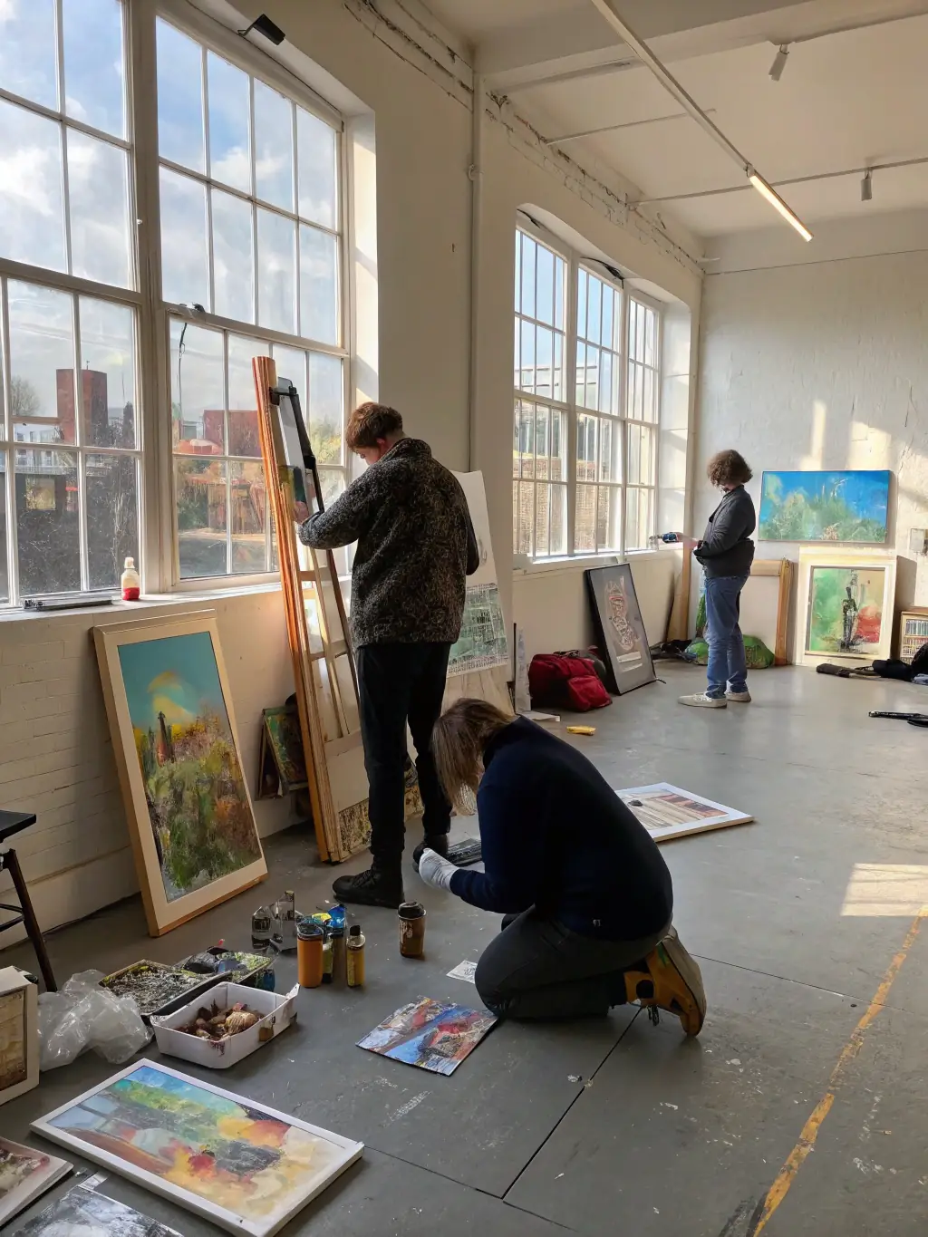 A photograph showcasing artists setting up an exhibition at BOW HOUSE, with a focus on the intricate details of the artwork and the curatorial process.