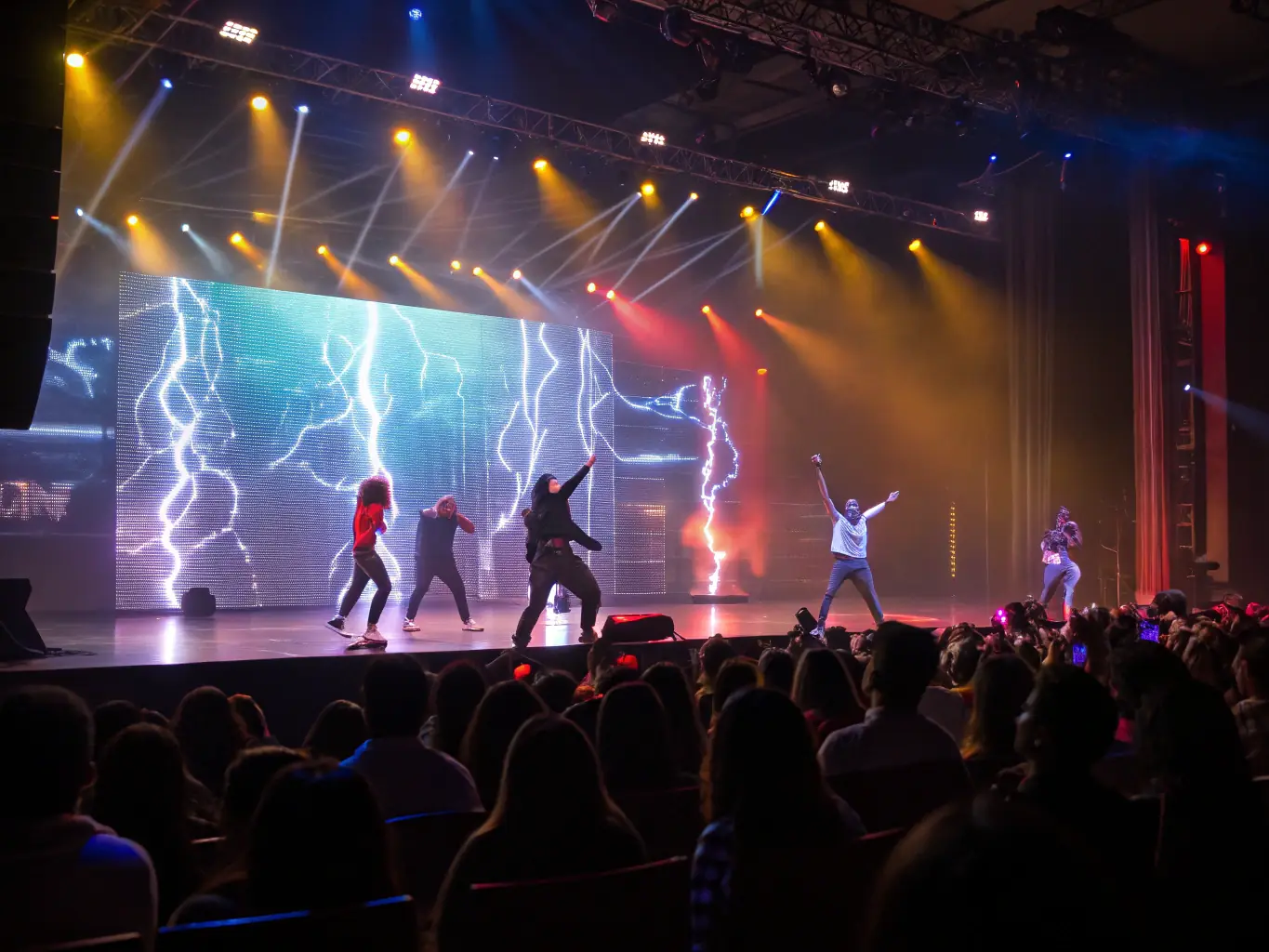 A photograph capturing the energy of a live performance art event at BOW HOUSE, featuring a diverse audience and dynamic stage lighting.