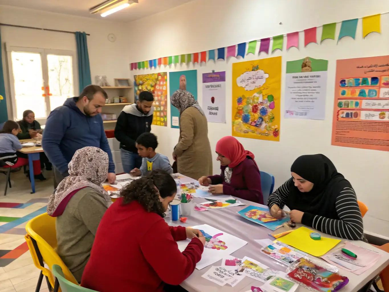 A photograph of a community workshop at BOW HOUSE, where participants are actively engaged in creating their own art pieces.