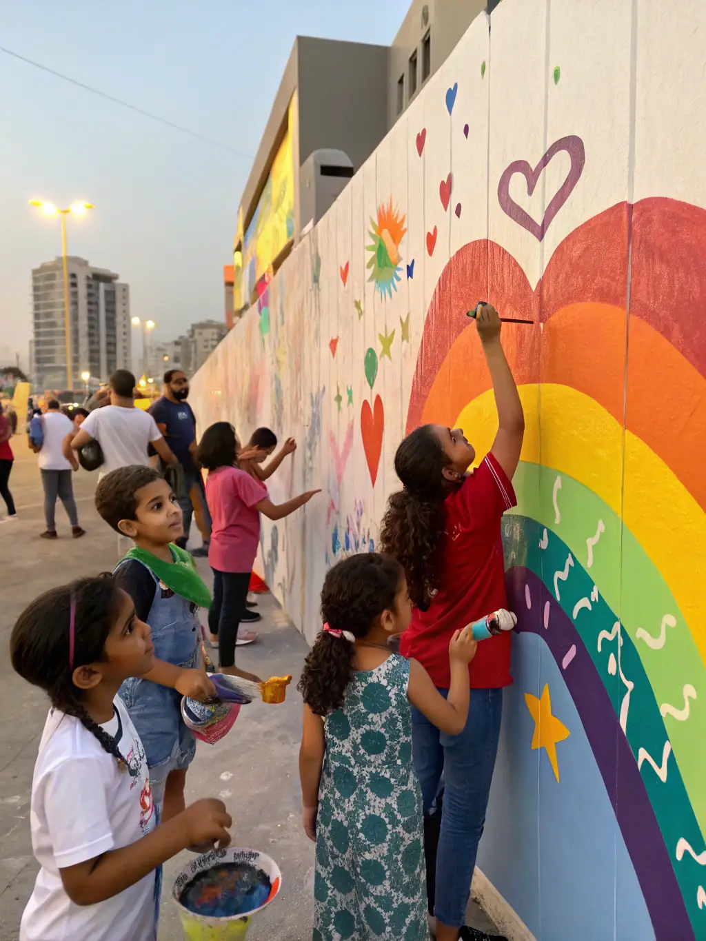 A photograph of a community art project at BOW HOUSE, featuring diverse participants collaborating on a large-scale mural or installation.
