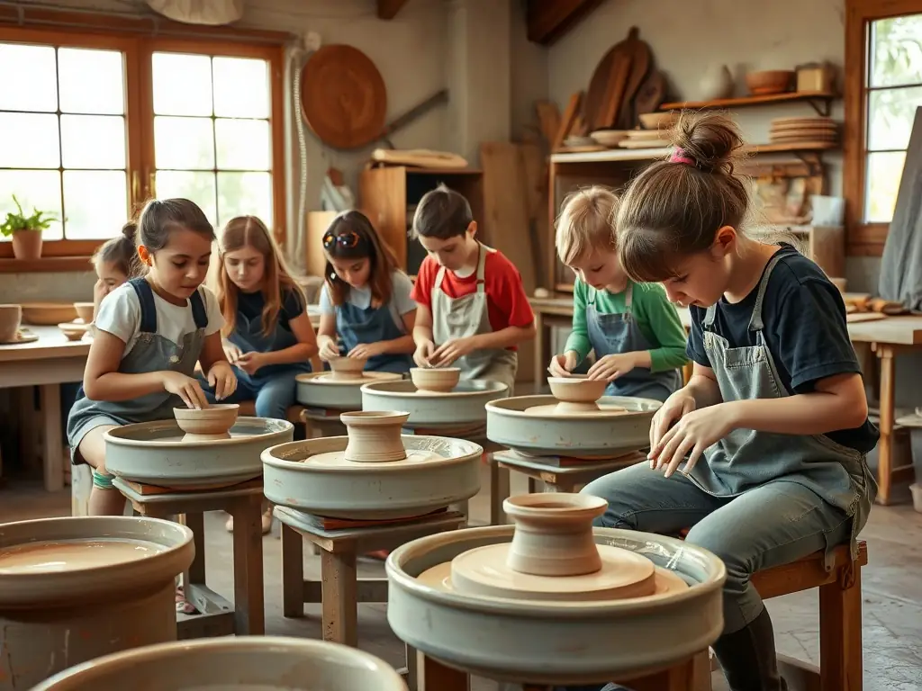 A vibrant image of participants actively engaged in a pottery workshop at BOW HOUSE, showcasing hands-on learning and creative collaboration.