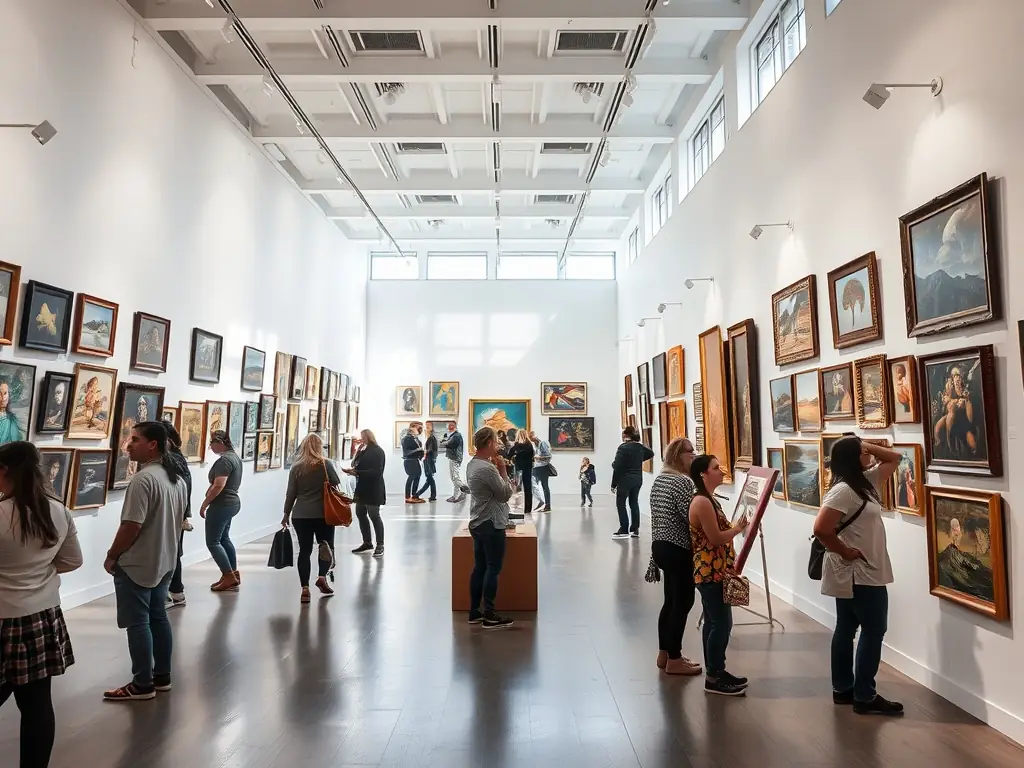 A photograph of an art gallery exhibition at BOW HOUSE, showcasing a collection of contemporary sculptures and paintings.