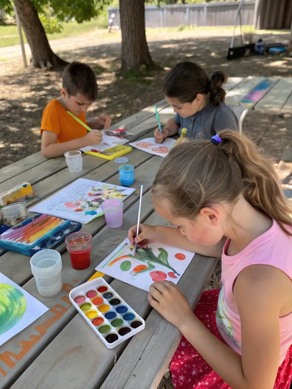 A photograph capturing a group of children participating in a hands-on art workshop at BOW HOUSE, surrounded by colorful art supplies and engaging with an instructor.