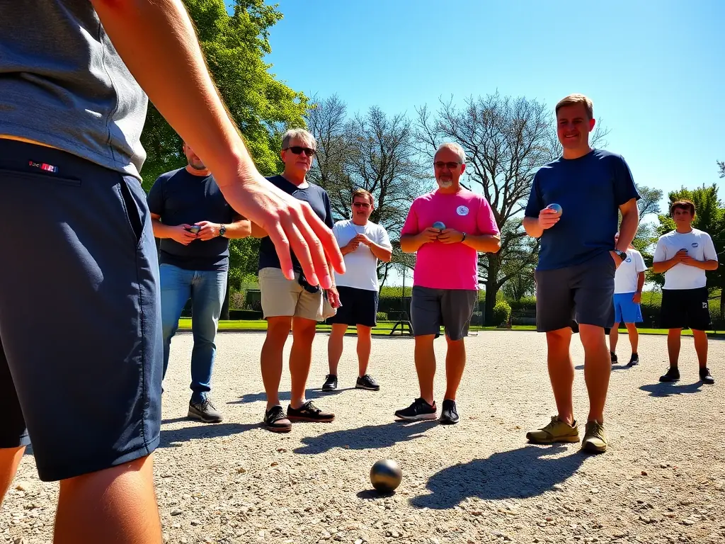 A vibrant image showing a group of pétanque players actively participating in a training session on a sunny day at the SECTION PETANQUE-SABARAT OLYMPIC-CLUB's court, focusing on technique and teamwork.