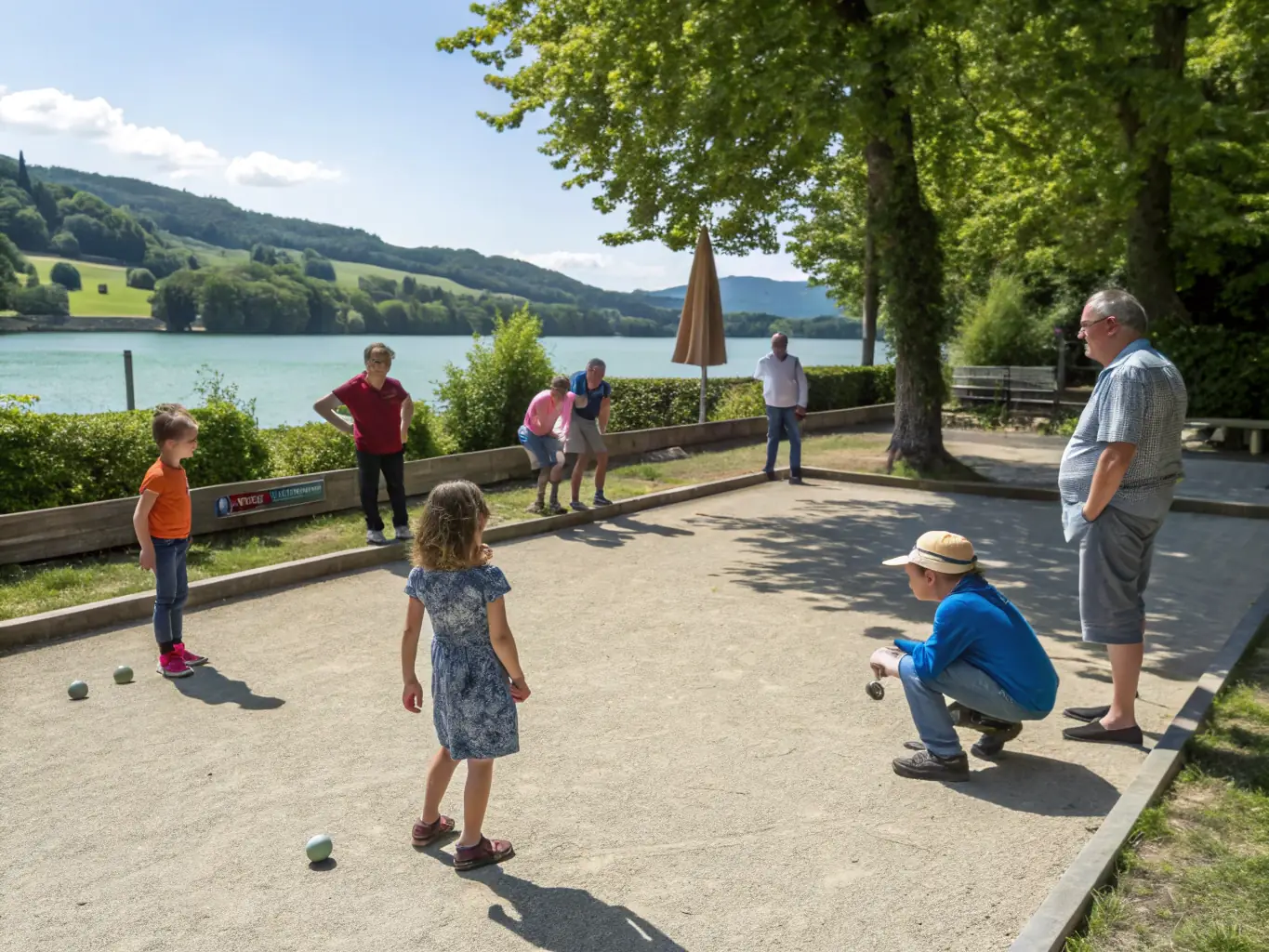 An image showcasing a community pétanque day at SECTION PETANQUE-SABARAT OLYMPIC-CLUB, with families and newcomers trying pétanque, enjoying recreational activities, and promoting community engagement.