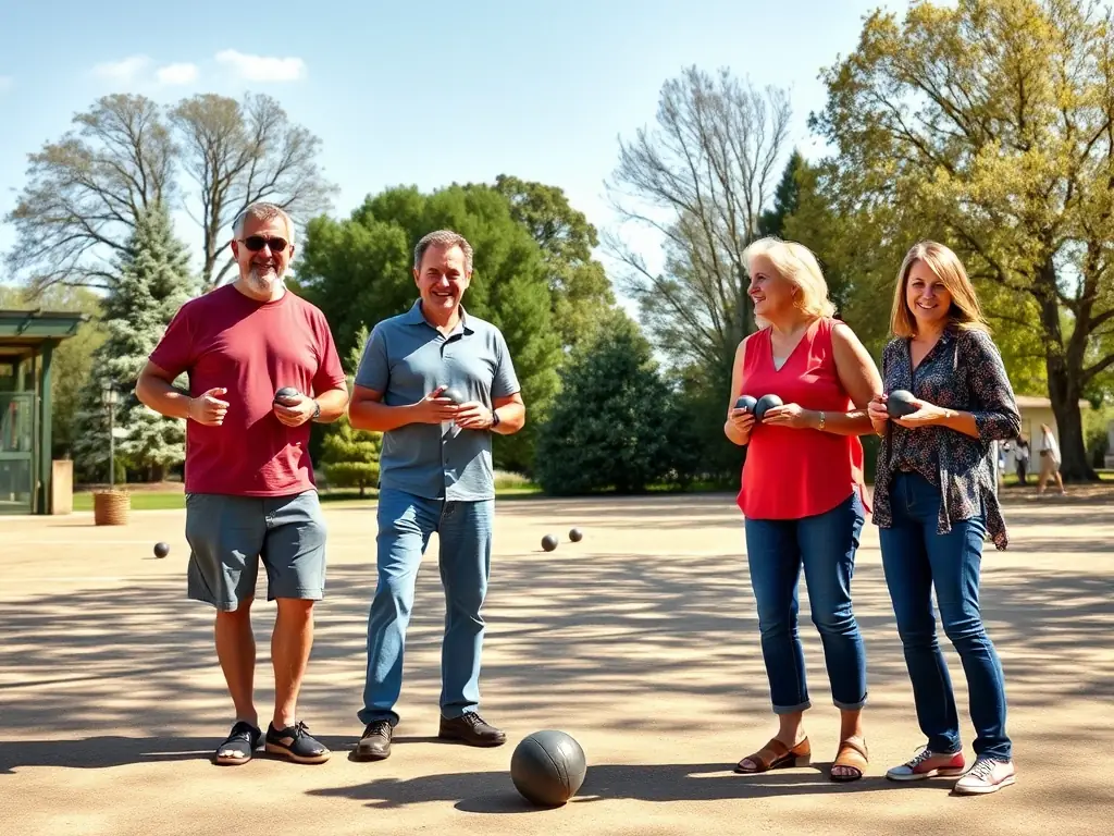 A vibrant image capturing a pétanque training session in Sabarat, with players of various ages practicing their throwing techniques under the guidance of an instructor.
