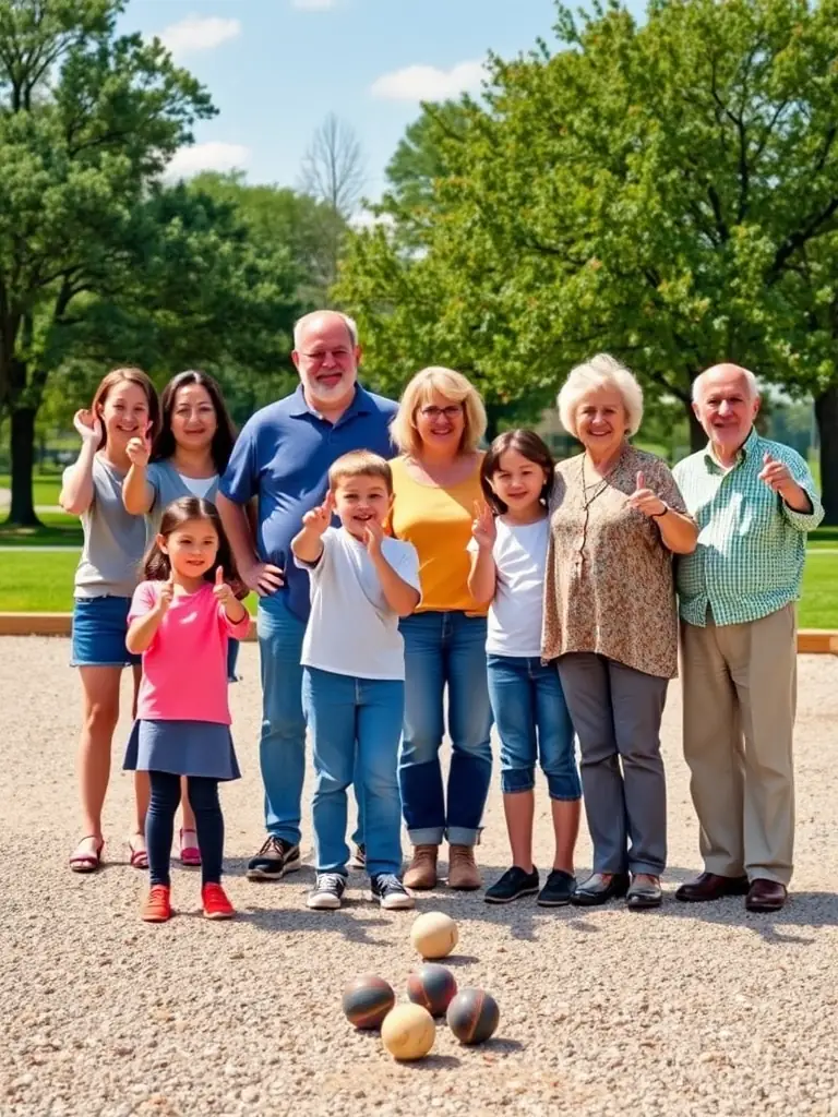A family playing pétanque together on a sunny afternoon, highlighting the recreational aspect.
