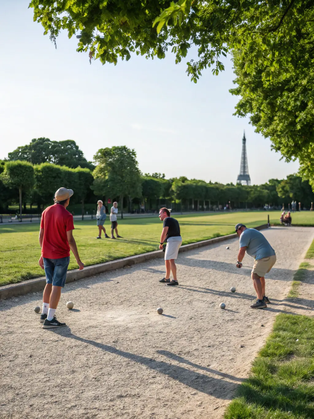A diverse group of people laughing and playing pétanque together in a park, emphasizing the social aspect of the club.